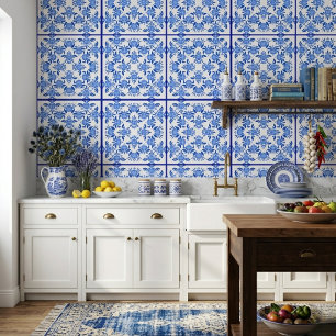 Blaue Weiße Blumenfliese Mediterrane Wanddekoratio Tapete