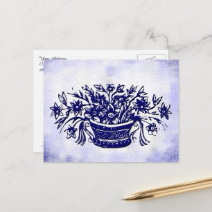 Blaue weiße Blumenkorb-Blumen-Faux-Leinwand Postkarte