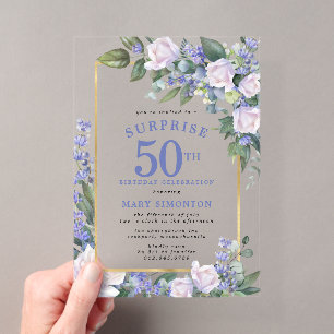 Blaue weiße Blumenparty zum 50. Geburtstag Überras Acryleinladungen