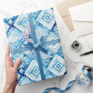 Blaue Weiße Blumenquadrate Brautdusche Geschenkpapier