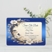 Blaue weiße Blumenverzierung Save The Date (Stehend Vorderseite)