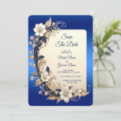 Blaue weiße Blumenverzierung Save The Date (Stehend Vorderseite)