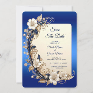 Blaue weiße Blumenverzierung Save The Date