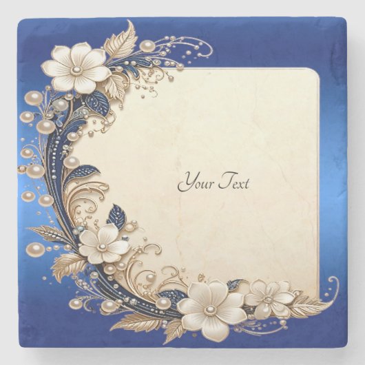 Blaue weiße Blumenverzierung Steinuntersetzer (Vorderseite)