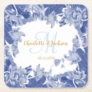 Blaue Weiße Blumige Hochzeitspaar Name Rechteckiger Pappuntersetzer