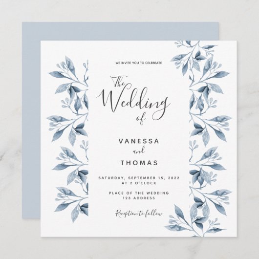 Blaue, weiße, botanische Hochzeit Einladung (Vorne/Hinten)