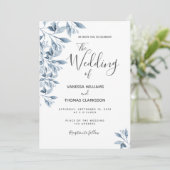 Blaue, weiße, botanische Hochzeit Einladung (Stehend Vorderseite)