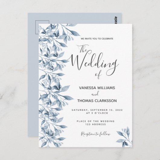 Blaue weiße botanische Hochzeit Postkarte (Vorne/Hinten)