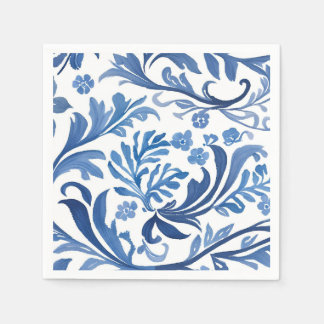 Blaue weiße Chinoiserie-Blumen Botanik Serviette