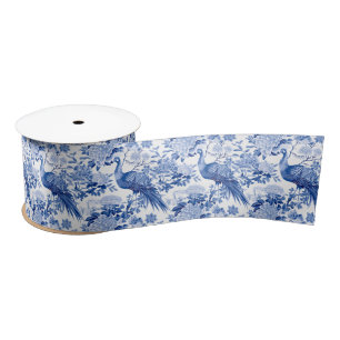 Blaue weiße Chinoiserie-Blumen-Pfauen-Vögel Satinband