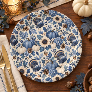 Blaue weiße Chinoiserie Thanksgiving-Puten-Blumen Pappteller