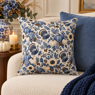 Blaue weiße Chinoiserie Thanksgiving-Truthahn-Blum Kissen