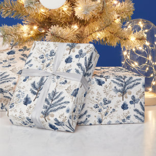Blaue Weiße Creme Nordische Weihnachtsbaumzweige Geschenkpapier