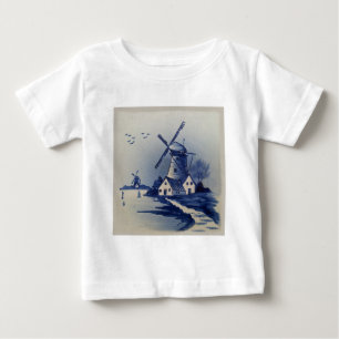 Blaue Weiße Delft Windmühle im Vintage-Stil Baby T-shirt