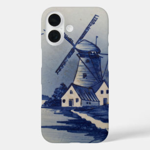 Blaue Weiße Delft-Windmühle im Vintage-Stil iPhone 16 Hülle