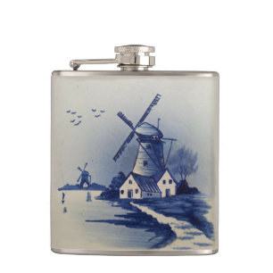 Blaue Weiße Delft-Windmühle im Vintage-Stil Flachmann