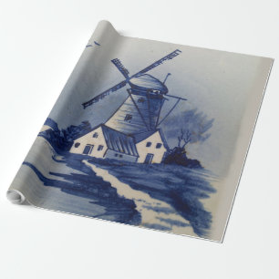 Blaue Weiße Delft Windmühle im Vintage-Stil Geschenkpapier