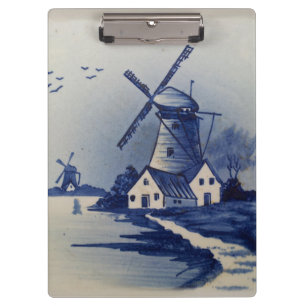 Blaue Weiße Delft Windmühle im Vintage-Stil Klemmbrett