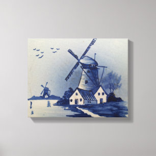 Blaue Weiße Delft Windmühle im Vintage-Stil Leinwanddruck