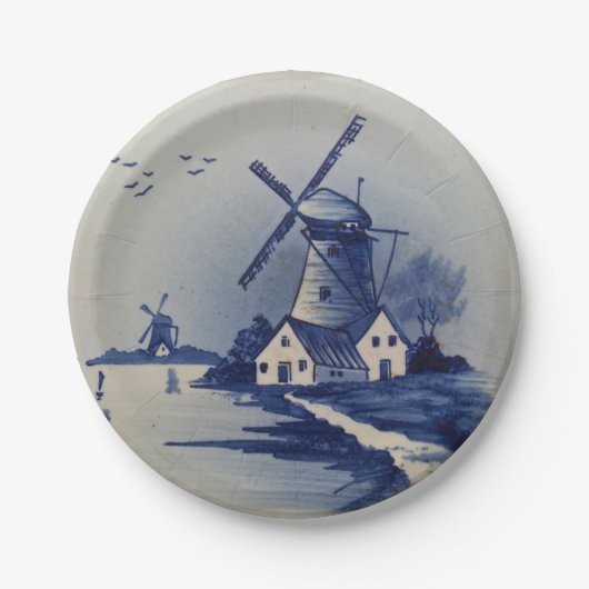 Blaue Weiße Delft Windmühle im Vintage-Stil Pappteller (Vorderseite)
