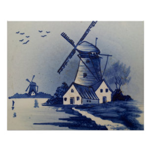Blaue Weiße Delft Windmühle im Vintage-Stil Poster