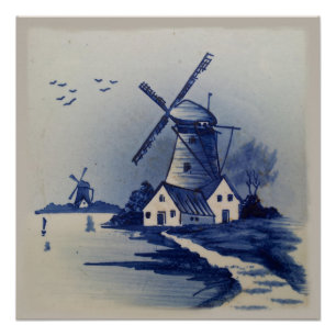 Blaue Weiße Delft-Windmühle im Vintage-Stil Poster