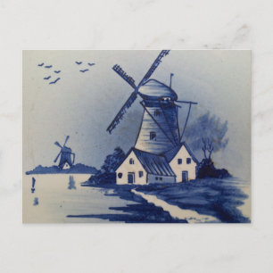 Blaue Weiße Delft-Windmühle im Vintage-Stil Postkarte