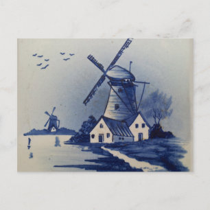 Blaue Weiße Delft-Windmühle im Vintage-Stil Postkarte