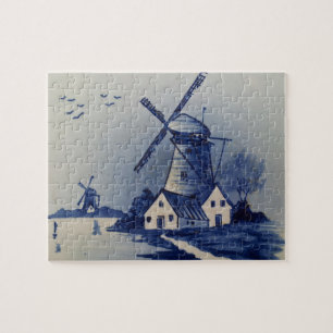 Blaue Weiße Delft-Windmühle im Vintage-Stil Puzzle