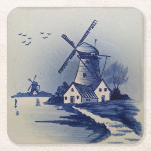 Blaue Weiße Delft Windmühle im Vintage-Stil Rechteckiger Pappuntersetzer