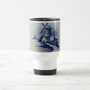 Blaue Weiße Delft Windmühle im Vintage-Stil Reisebecher