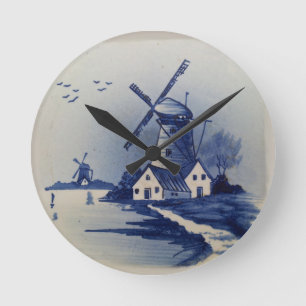 Blaue Weiße Delft Windmühle im Vintage-Stil Runde Wanduhr
