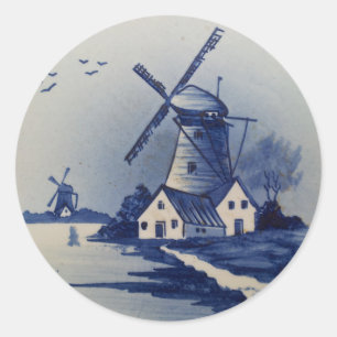Blaue Weiße Delft Windmühle im Vintage-Stil Runder Aufkleber