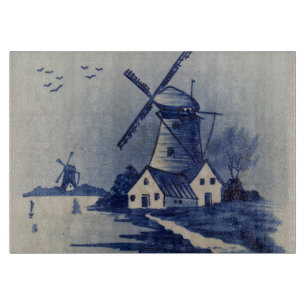 Blaue Weiße Delft-Windmühle im Vintage-Stil Schneidebrett