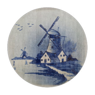 Blaue Weiße Delft Windmühle im Vintage-Stil Schneidebrett