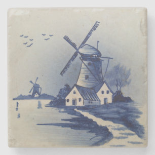 Blaue Weiße Delft Windmühle im Vintage-Stil Steinuntersetzer
