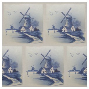 Blaue Weiße Delft-Windmühle im Vintage-Stil Stoff