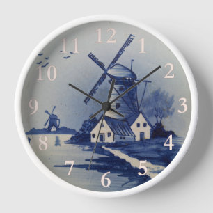 Blaue Weiße Delft Windmühle im Vintage-Stil Uhr