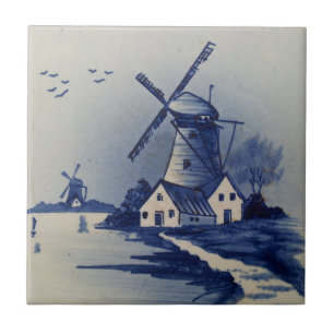 Blaue weiße Delfter Windmühle im Vintage-Stil Fliese