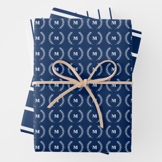 Blaue weiße dünne Streifen Anfangsmonogramm Geschenkpapier Set (Beispiel)