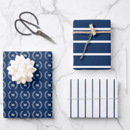 Blaue weiße dünne Streifen Anfangsmonogramm Geschenkpapier Set