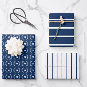 Blaue weiße dünne Streifen Anfangsmonogramm Geschenkpapier Set