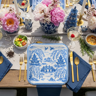 Blaue weiße Faux-Porzellan-Chinoiserie-Weide Pappteller