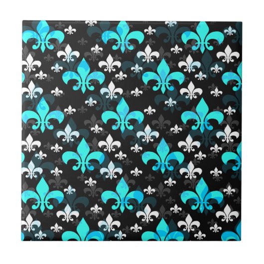 Blaue weiße Fleur de Lis Fliese (Vorderseite)