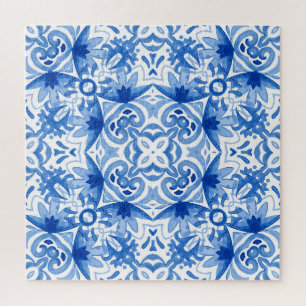 Blaue weiße Fliese, wasserfarbene nahtlose Muster. Puzzle