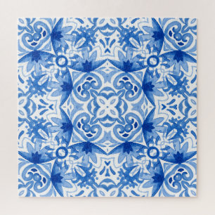Blaue weiße Fliese, wasserfarbene nahtlose Muster. Puzzle