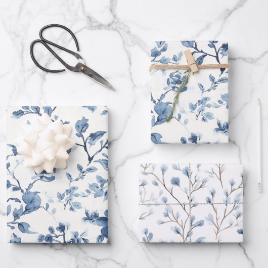 Blaue weiße Floral-Brautdusche Geschenkpapier Set (Vorderseite)