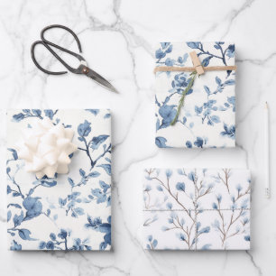 Blaue Weiße Florale Brautparty Geschenkpapier Set