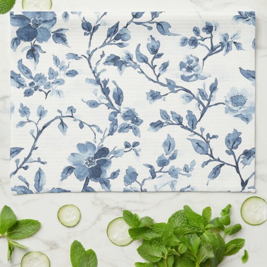 Blaue Weiße Florale Brautparty Geschirrtuch (Gefaltet)