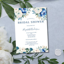 Blaue weiße florale elegante Brautparty-Einladung